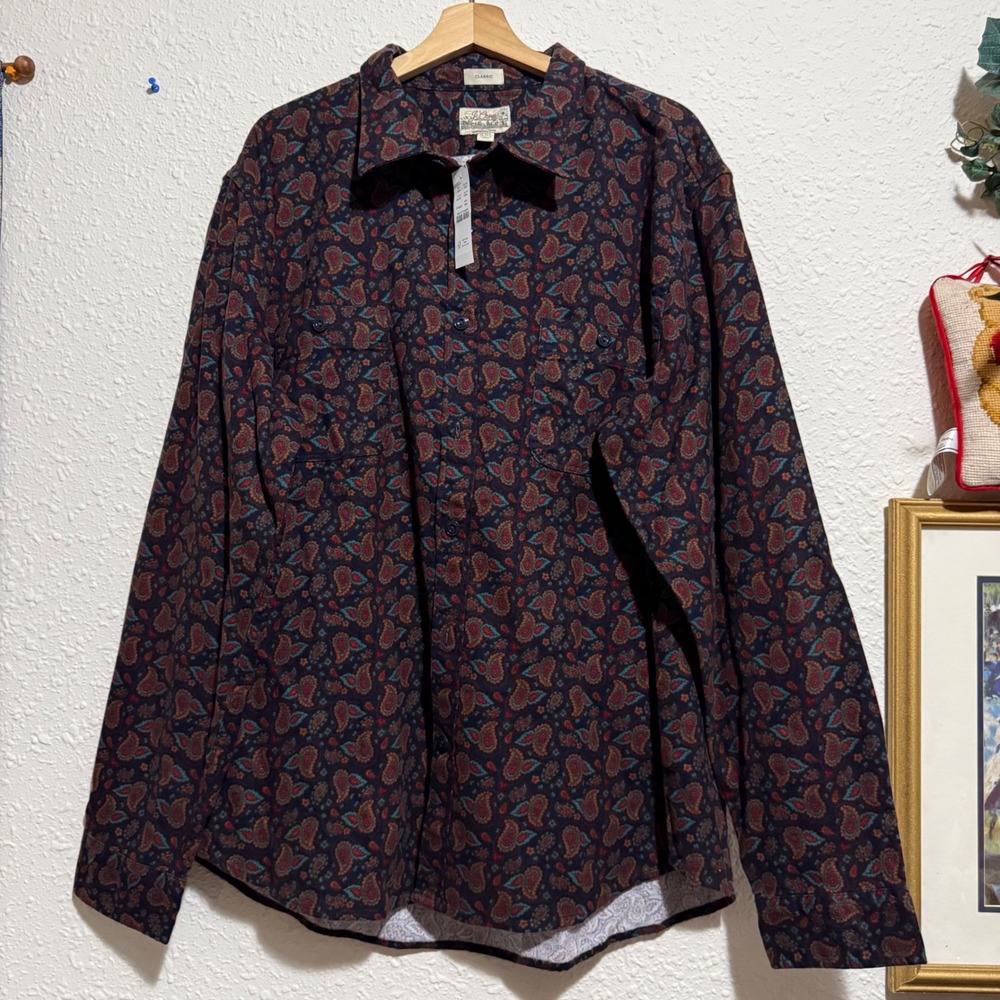 J.Crew Classic XXL Mid-Weight Flannel Shirt Regenerative Cotton Paisley Pattern‎